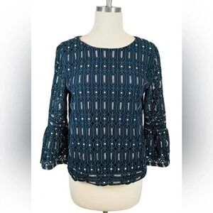 LOFT Navy Blue Geometric Lace Bell‎ Sleeve Blouse Top Small Romantic Feminine